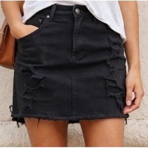 Wax Jean Distressed Denim Mini Skirt‎ Black Ripped Raw Hem Casual Large